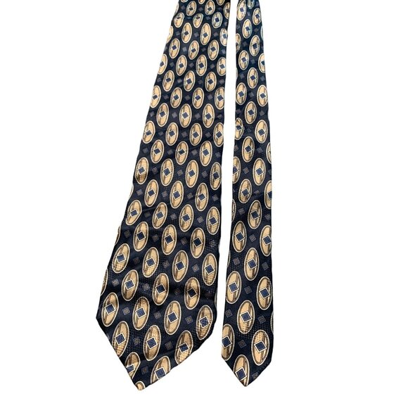 Stafford Mens Silk Necktie Made in Italy Blue and Gold Geometric Pattern Tie - Picture 1 of 5